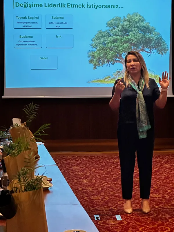Selvi Binici Dereli, değişime liderlik sunumunda düşüncelerini paylaşırken