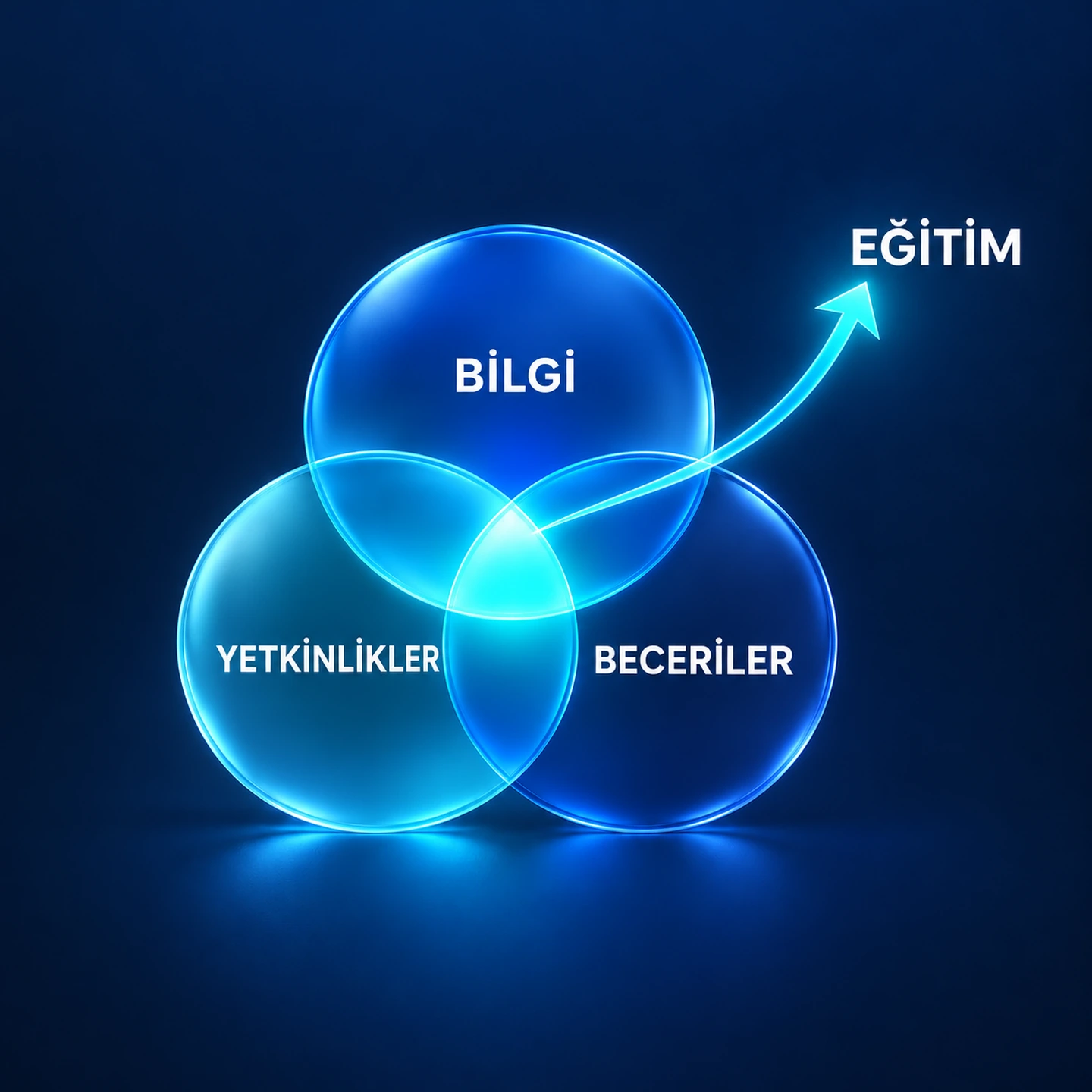 Bilgi, yetkinlikler ve becerilerin kesişiminden eğitime uzanan ok
